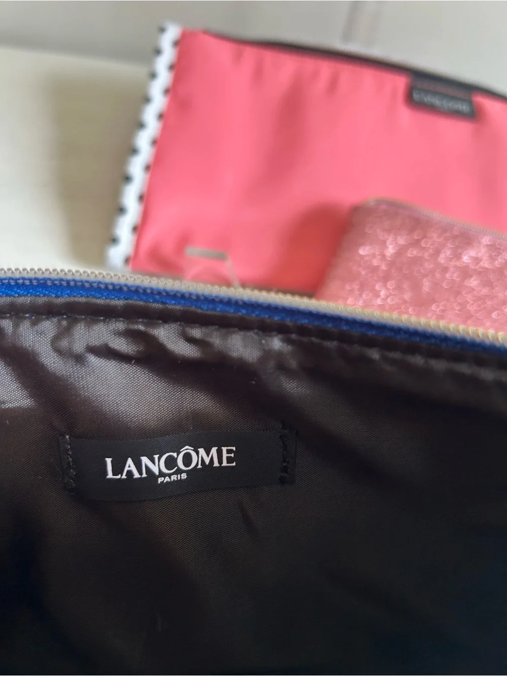 Lancome Pink Glitter, Navy & Polka Dot Cosmetic Pouch Trio